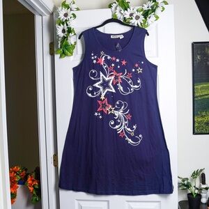 Blue White Red Cotton Summer Dress Sleeveless 4th of July Star Spangled Detail